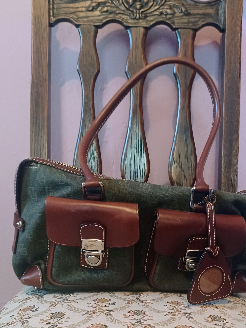 Dooney & Bourke Green & Brown Leather Trim Satchel Shoulder Bag